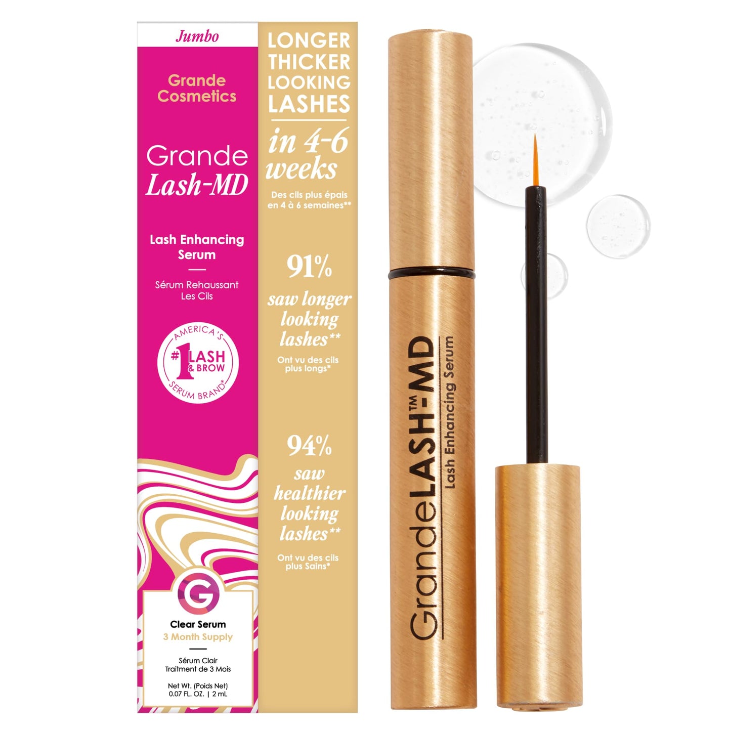 GrandeLASH-MD Lash Enhancing Serum (1mL, 6 Week Supply) - Longer, Thicker Lashes with Peptides & Vitamins