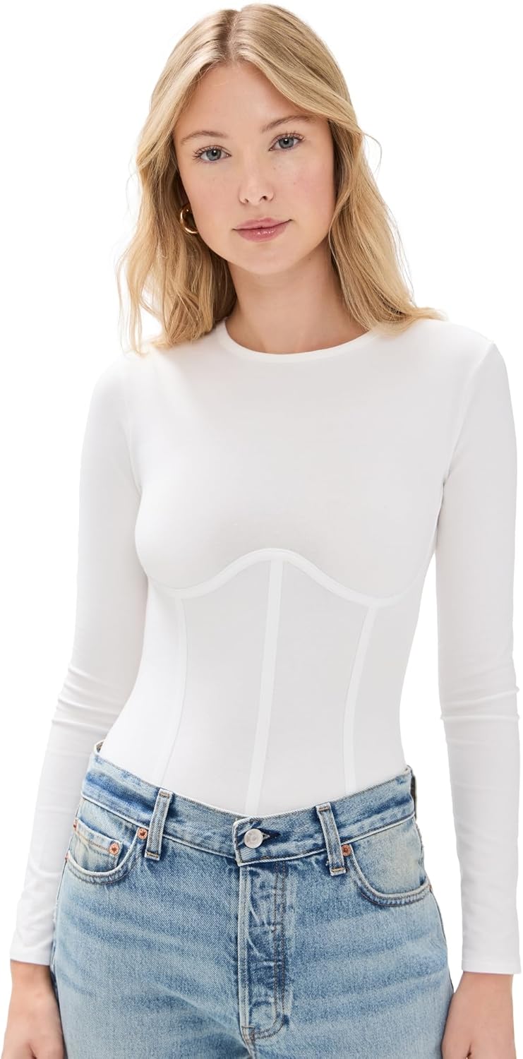 Women’s Cotton Long Sleeve Thong Bodysuit – Lightweight Jersey with Corset-Inspired Seams