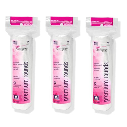 Swisspers Premium Cotton Rounds - 100% Chlorine Free Cotton Face Pads for Makeup, Nail Polish Removal - Dermatologist Tested and Hypoallergenic, Made in USA - 100 Pads (Pack of 3)