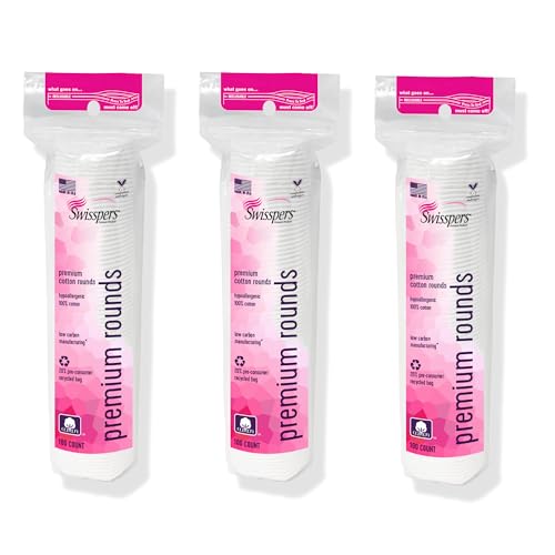 Swisspers Premium Cotton Rounds - 100% Chlorine Free Cotton Face Pads for Makeup, Nail Polish Removal - Dermatologist Tested and Hypoallergenic, Made in USA - 100 Pads (Pack of 3)