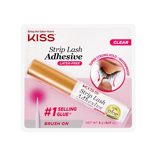 KISS Clear Strip Lash Adhesive With Aloe, Waterproof, Formaldehyde and Latex Free, Odor Free, Cruelty Free, Super Strong Hold Eyelash Glue with Brush Applicator, 0.17 Oz.