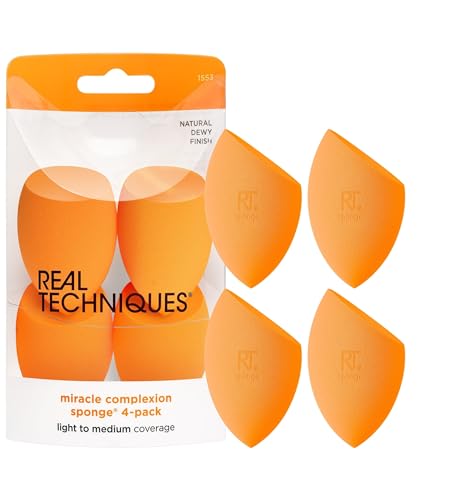 Real Techniques Miracle Complexion Makeup Sponge, 4-Pack Beauty Blender For Liquid & Cream Foundation, Streak-Free Coverage, Latex-Free, Vegan & Cruelty-Free
