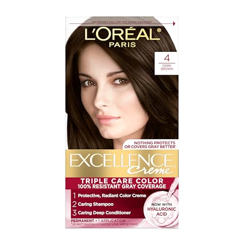 L'Oreal Excellence Crème Permanent Hair Dye: Triple Care for 100% Gray Coverage, 4 Dark Brown