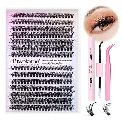 Pawotence Lash Extension Kit DIY 280pcs Lash Clusters Eyelash Extension Kit, 9-16mm 30D 40D Individual Lashes Kit with Lash Bond and Seal, Lash Tweezers for Self Use (30D&40D, 0.07D, 9-16mm, Kit)