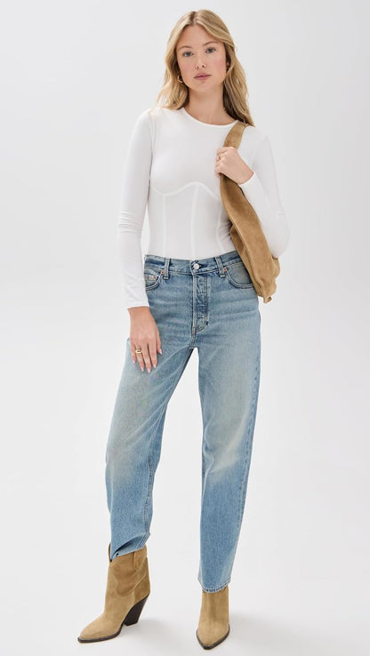 Women’s Cotton Long Sleeve Thong Bodysuit – Lightweight Jersey with Corset-Inspired Seams