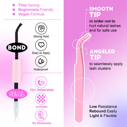 Pawotence Lash Extension Kit DIY 280pcs Lash Clusters Eyelash Extension Kit, 9-16mm 30D 40D Individual Lashes Kit with Lash Bond and Seal, Lash Tweezers for Self Use (30D&40D, 0.07D, 9-16mm, Kit)