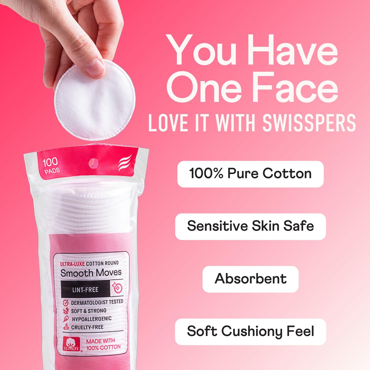 Swisspers Premium Cotton Rounds - 100% Chlorine Free Cotton Face Pads for Makeup, Nail Polish Removal - Dermatologist Tested and Hypoallergenic, Made in USA - 100 Pads (Pack of 3)