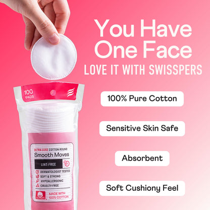 Swisspers Premium Cotton Rounds - 100% Chlorine Free Cotton Face Pads for Makeup, Nail Polish Removal - Dermatologist Tested and Hypoallergenic, Made in USA - 100 Pads (Pack of 3)