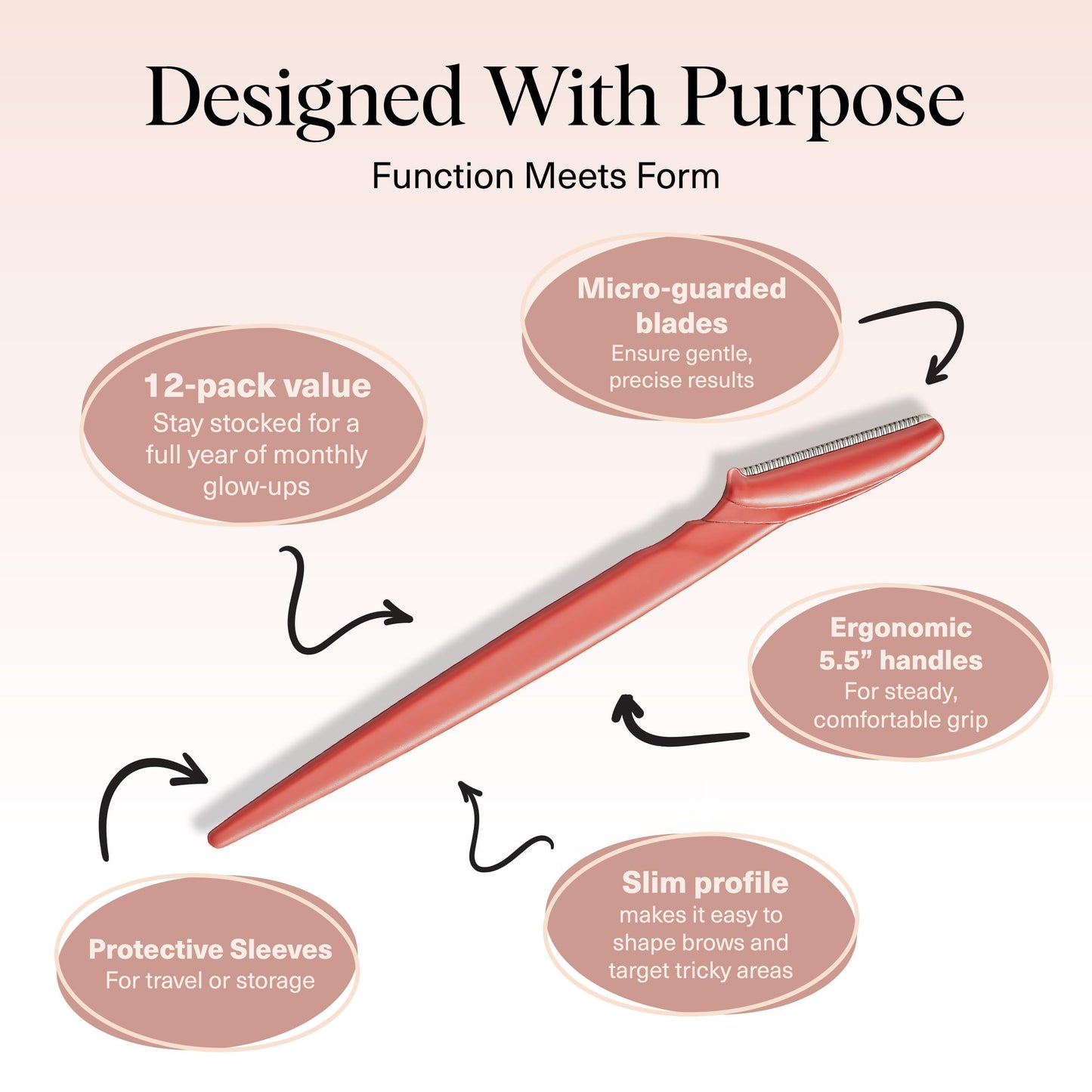 Kitsch Dermaplane Razor for Face & Eyebrow Trimmer – Exfoliating Facial Shaver, Terracotta (12 pcs)