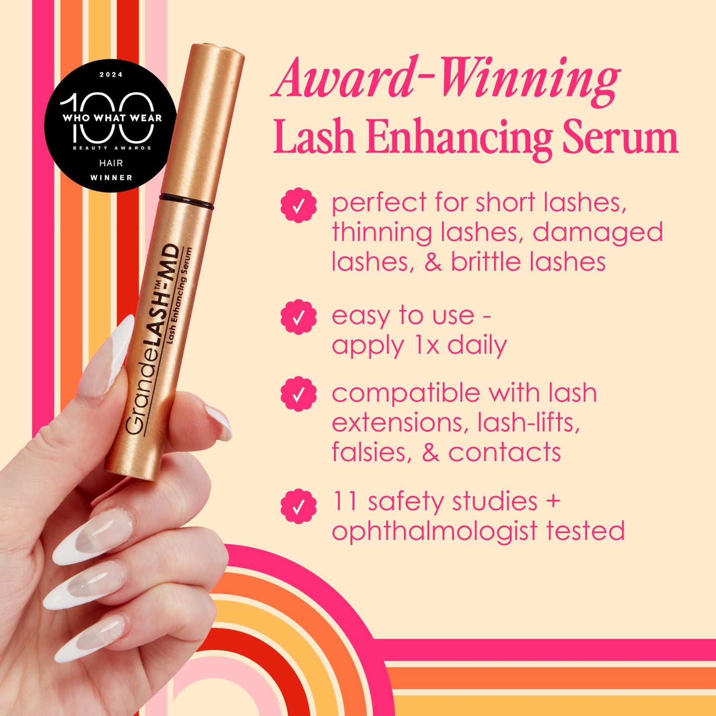 GrandeLASH-MD Lash Enhancing Serum (1mL, 6 Week Supply) - Longer, Thicker Lashes with Peptides & Vitamins