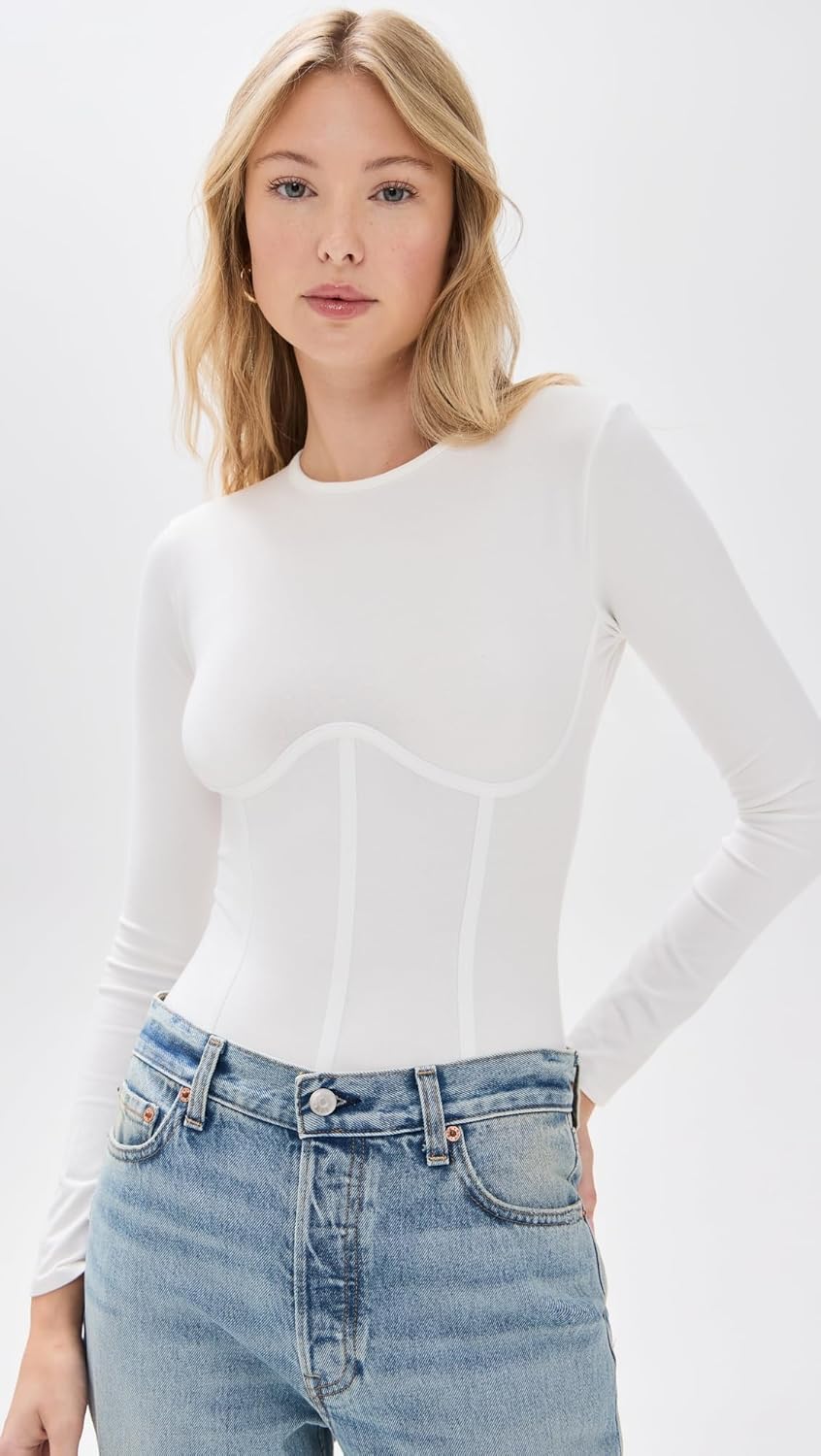 Women’s Cotton Long Sleeve Thong Bodysuit – Lightweight Jersey with Corset-Inspired Seams