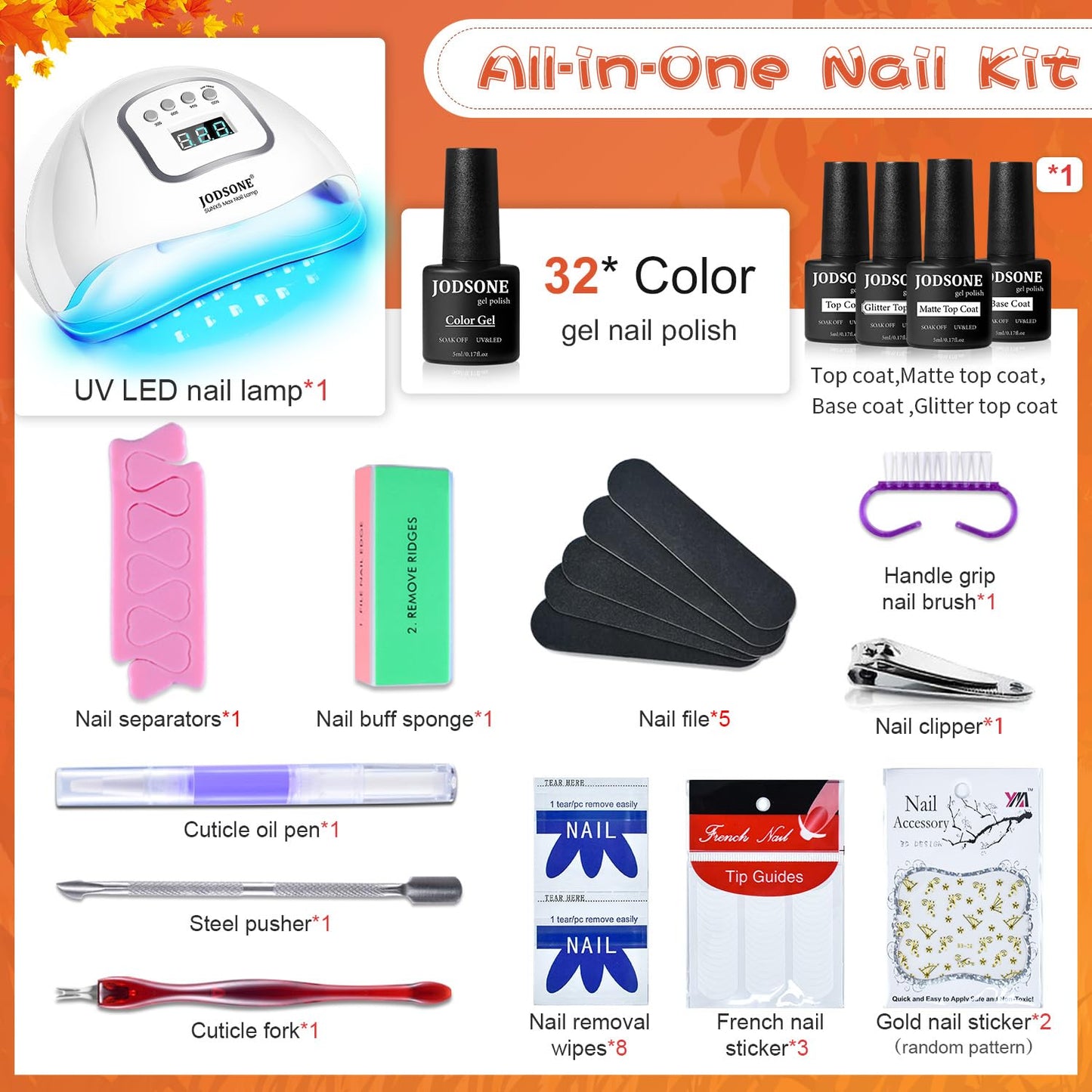 JODSONE 32 Color Gel Nail Kit w/ UV Light & 3 Top Coats | Gift Set