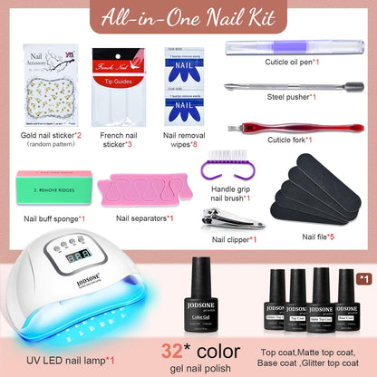 JODSONE 32 Color Gel Nail Kit w/ UV Light & 3 Top Coats | Gift Set