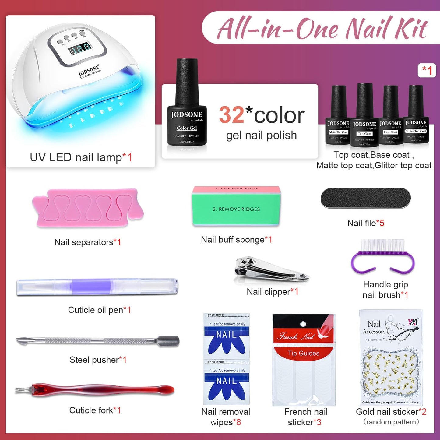 JODSONE 32 Color Gel Nail Kit w/ UV Light & 3 Top Coats | Gift Set