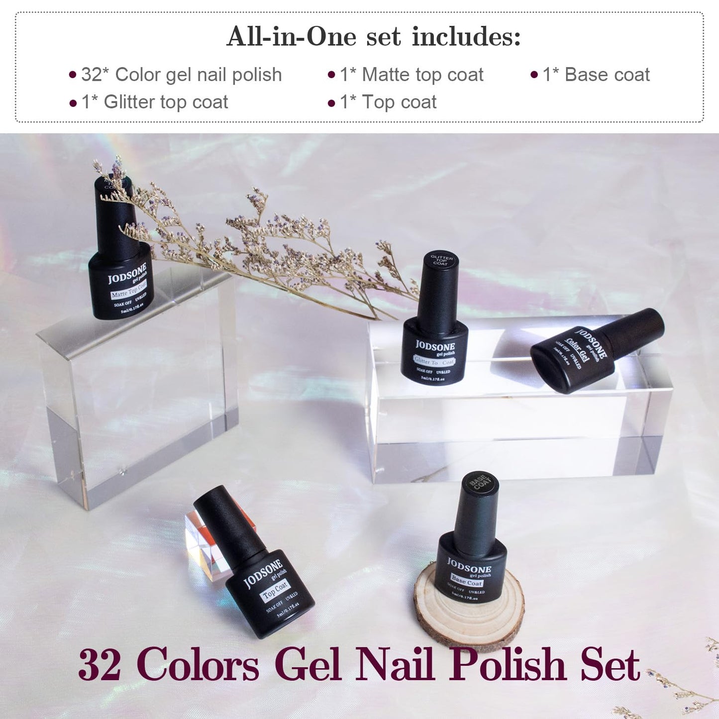 JODSONE 36 Pcs Gel Polish Kit: 32 Colors, Base & Top Coats | Gift Set