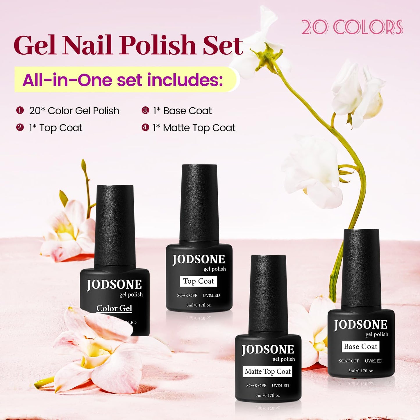 JODSONE 36 Pcs Gel Polish Kit: 32 Colors, Base & Top Coats | Gift Set