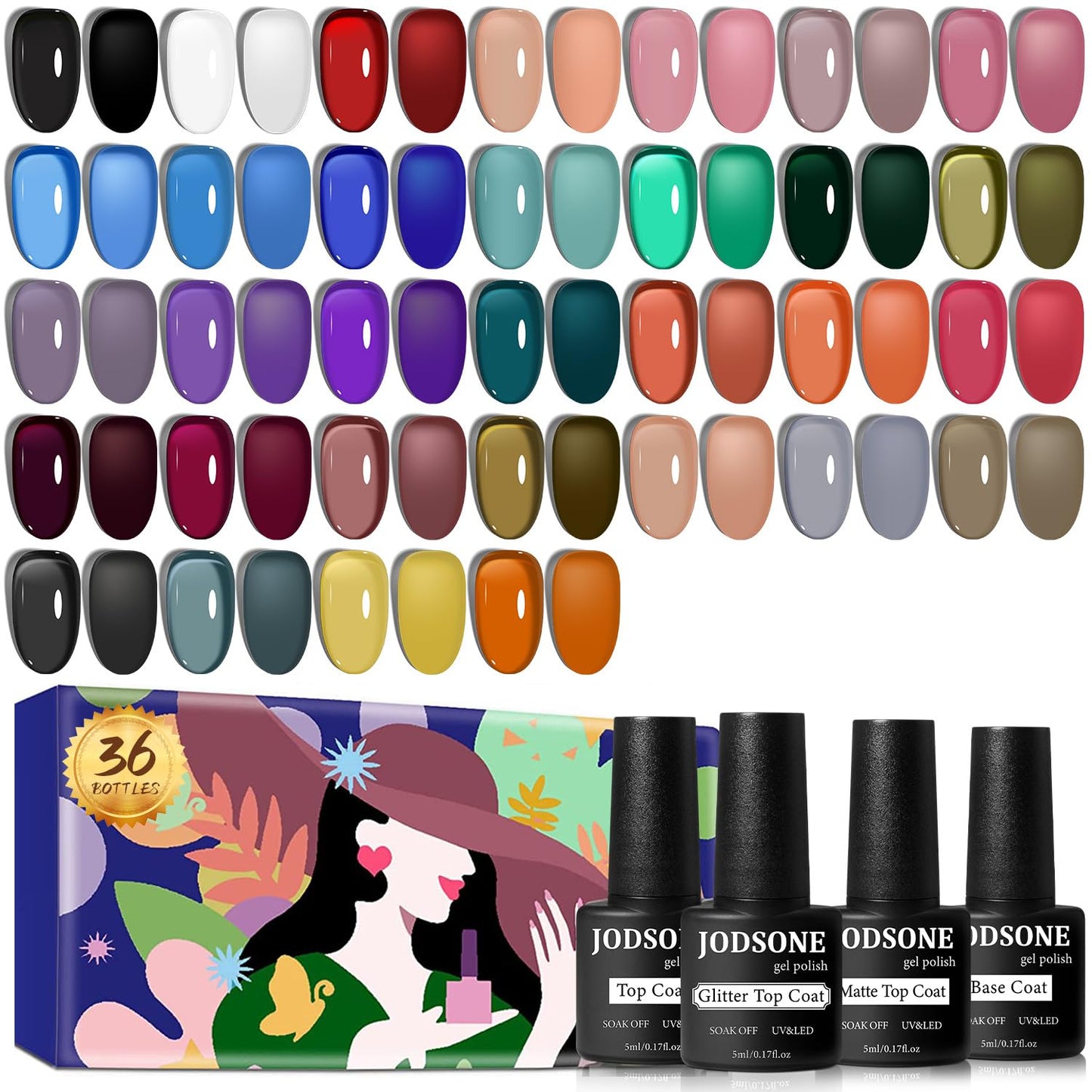 JODSONE 36 Pcs Gel Polish Kit: 32 Colors, Base & Top Coats | Gift Set