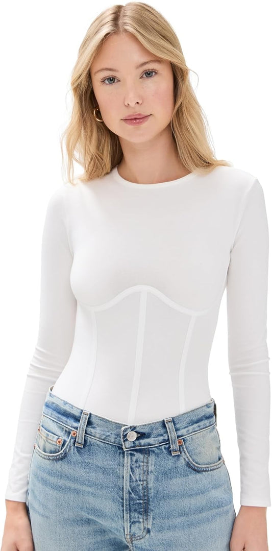 Women’s Cotton Long Sleeve Thong Bodysuit – Lightweight Jersey with Corset-Inspired Seams