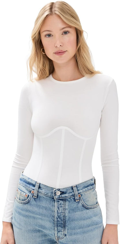 Women’s Cotton Long Sleeve Thong Bodysuit – Lightweight Jersey with Corset-Inspired Seams