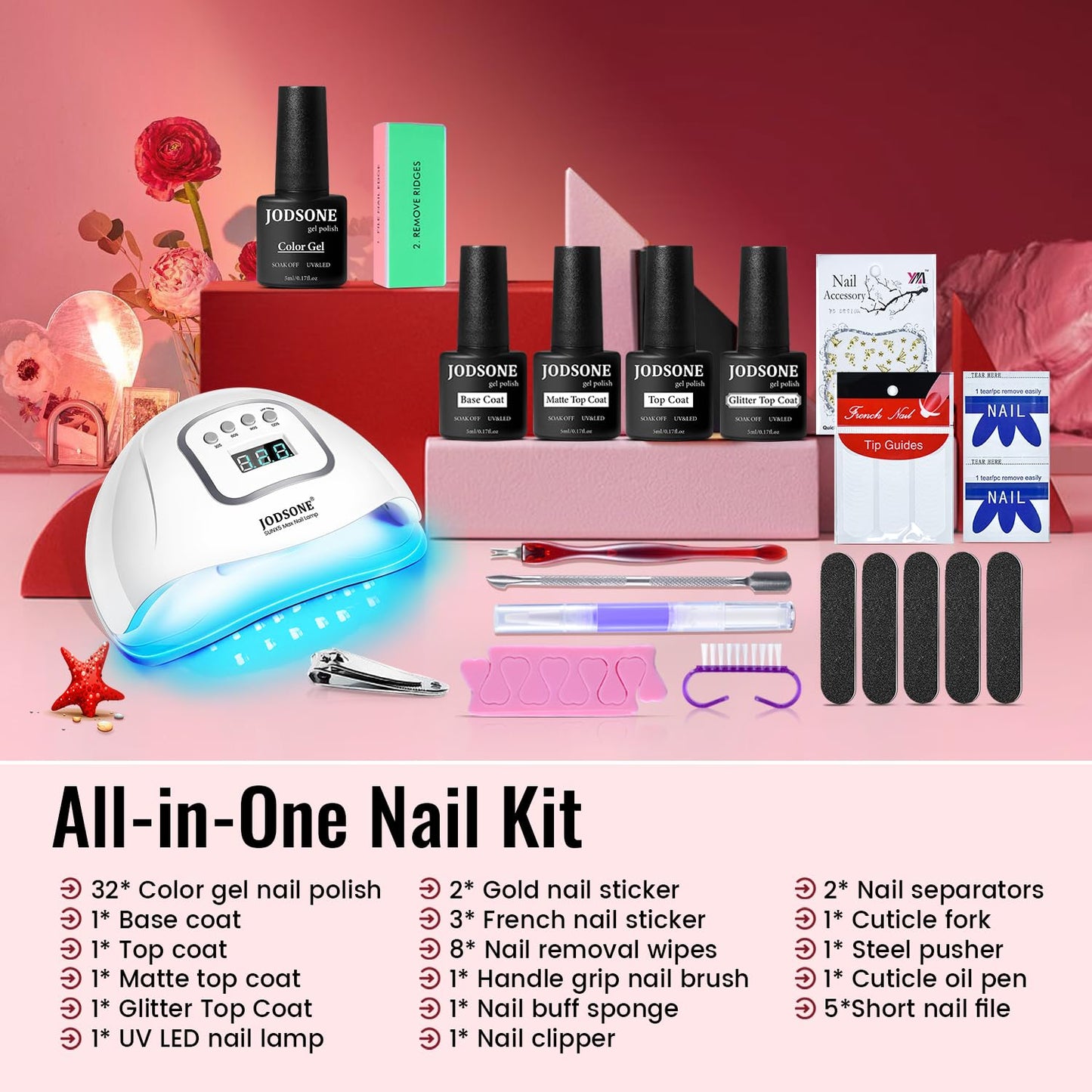 JODSONE 32 Color Gel Nail Kit w/ UV Light & 3 Top Coats | Gift Set