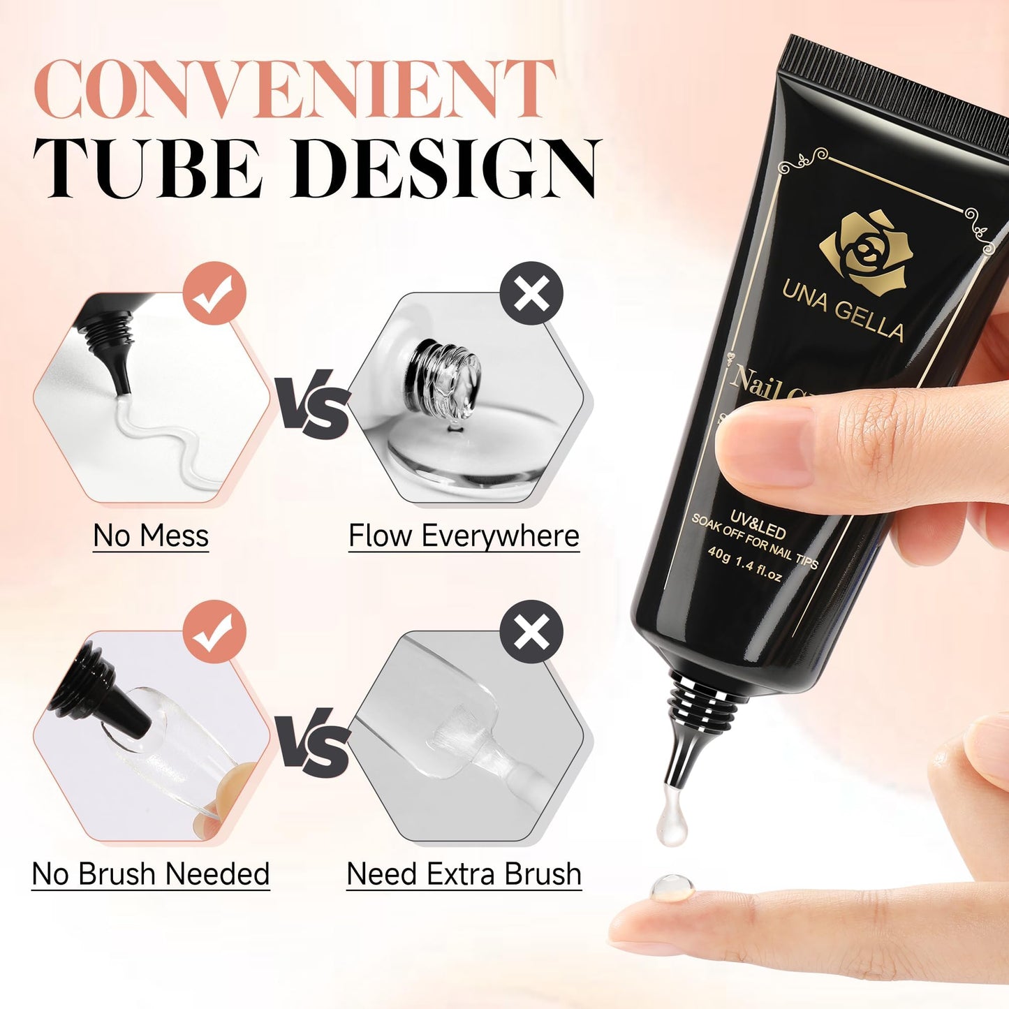 UNA GELLA Solid Gel Nail Glue (40ml) - Strong, Soak-Off Glue for Acrylic, Press-On & Gelly Tips - Lamp Curing Needed