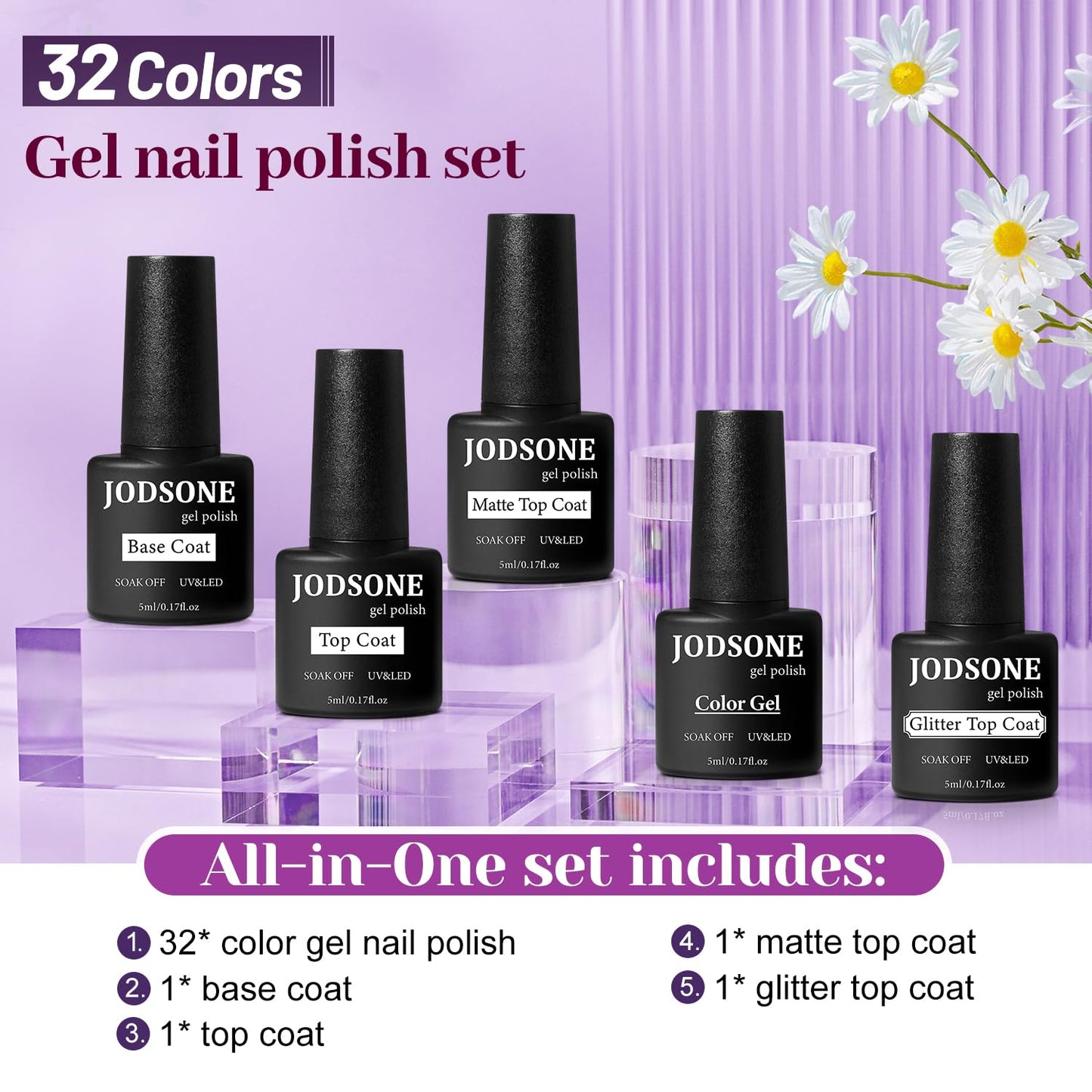 JODSONE 36 Pcs Gel Polish Kit: 32 Colors, Base & Top Coats | Gift Set
