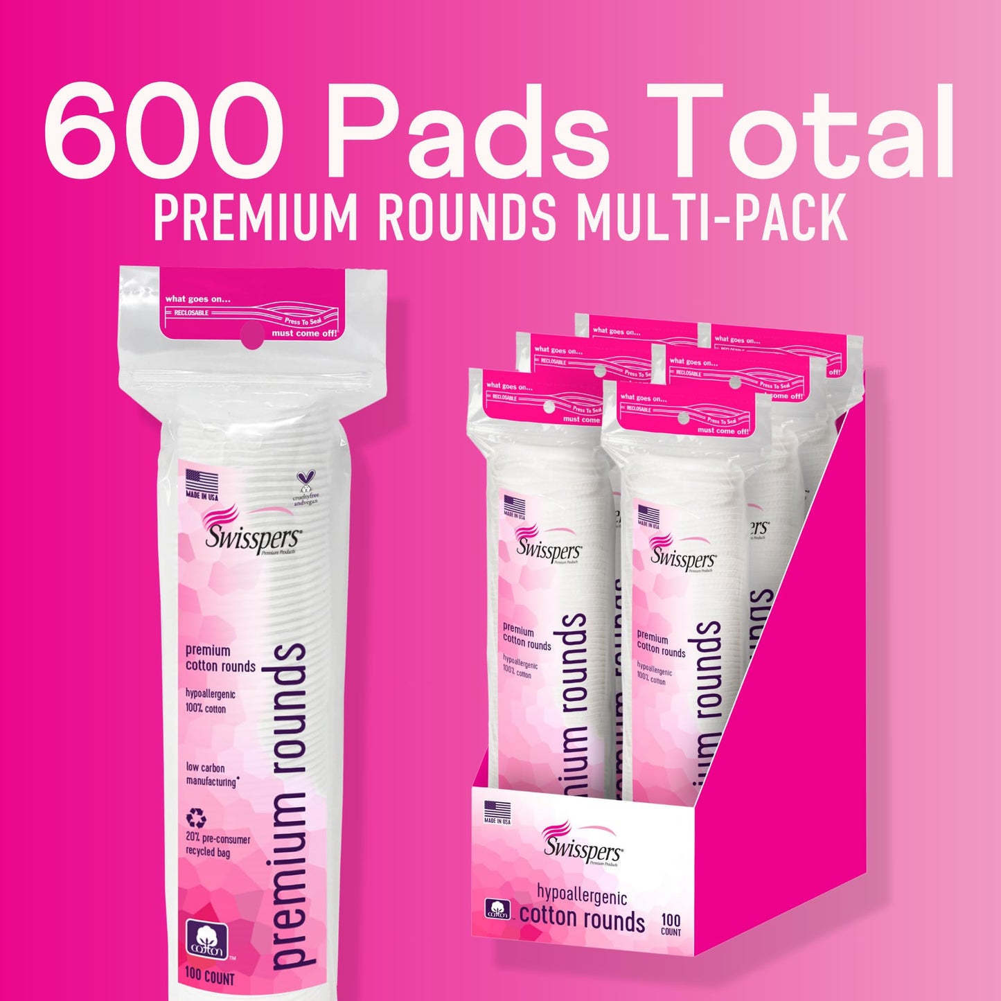 Swisspers Premium Cotton Rounds - 100% Chlorine Free Cotton Face Pads for Makeup, Nail Polish Removal - Dermatologist Tested and Hypoallergenic, Made in USA - 100 Pads (Pack of 3)