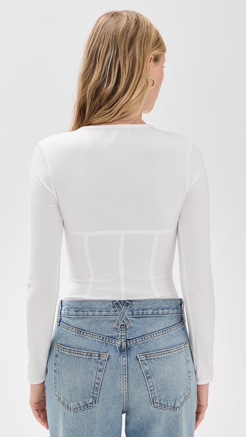 Women’s Cotton Long Sleeve Thong Bodysuit – Lightweight Jersey with Corset-Inspired Seams