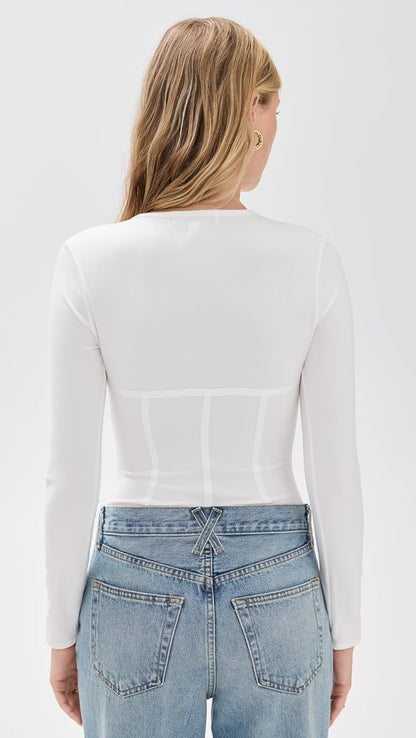 Women’s Cotton Long Sleeve Thong Bodysuit – Lightweight Jersey with Corset-Inspired Seams