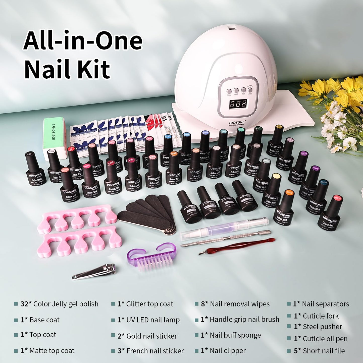 JODSONE 32 Color Gel Nail Kit w/ UV Light & 3 Top Coats | Gift Set