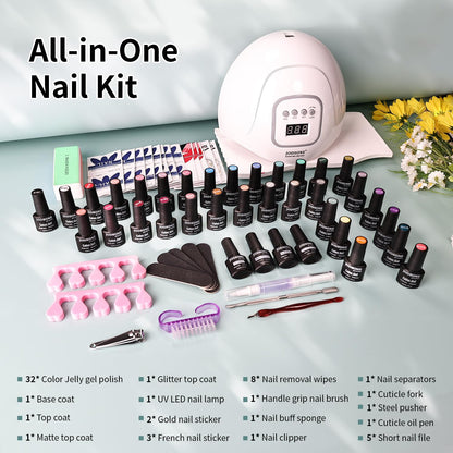 JODSONE 32 Color Gel Nail Kit w/ UV Light & 3 Top Coats | Gift Set