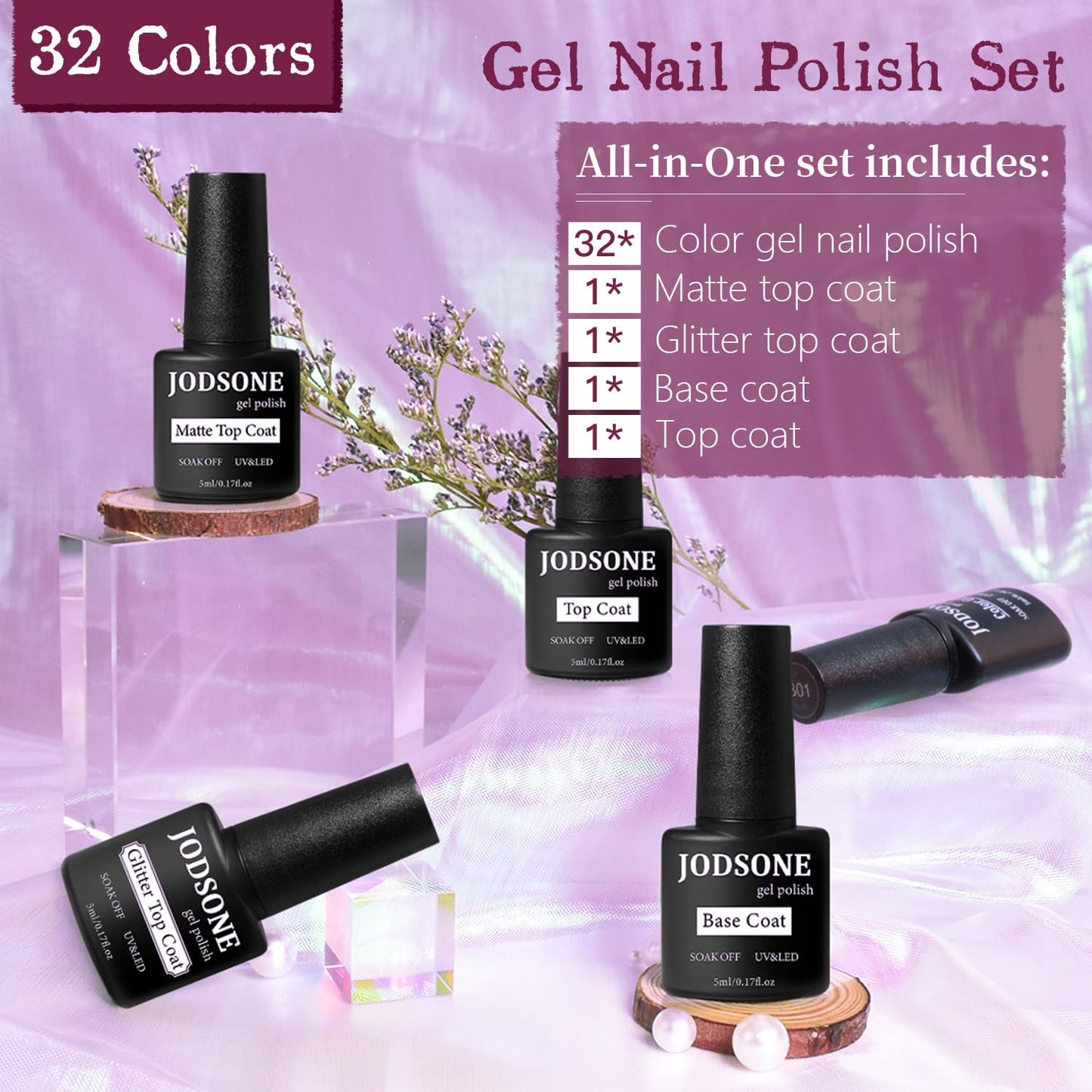 JODSONE 36 Pcs Gel Polish Kit: 32 Colors, Base & Top Coats | Gift Set