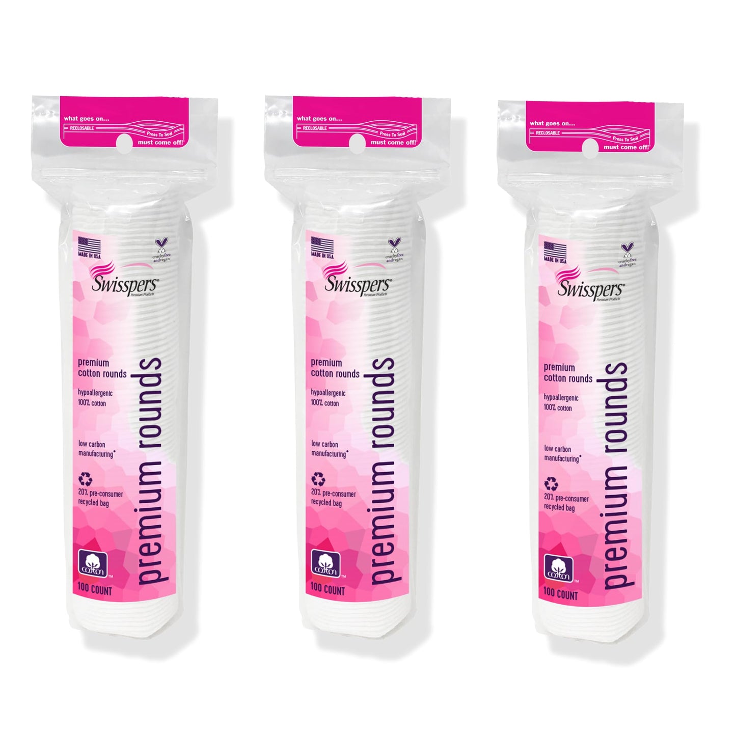 Swisspers Premium Cotton Rounds - 100% Chlorine Free Cotton Face Pads for Makeup, Nail Polish Removal - Dermatologist Tested and Hypoallergenic, Made in USA - 100 Pads (Pack of 3)