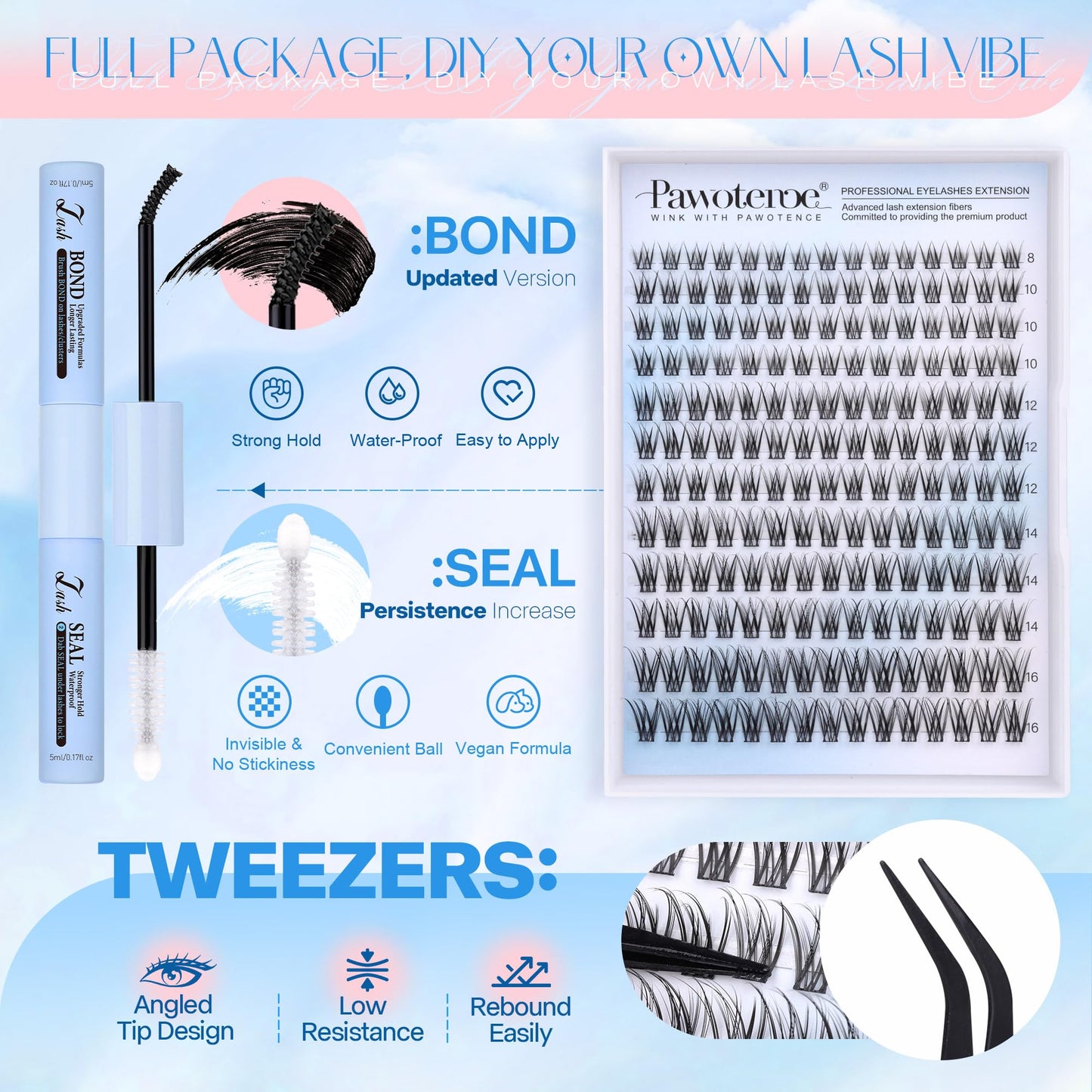 Pawotence Lash Extension Kit DIY 280pcs Lash Clusters Eyelash Extension Kit, 9-16mm 30D 40D Individual Lashes Kit with Lash Bond and Seal, Lash Tweezers for Self Use (30D&40D, 0.07D, 9-16mm, Kit)