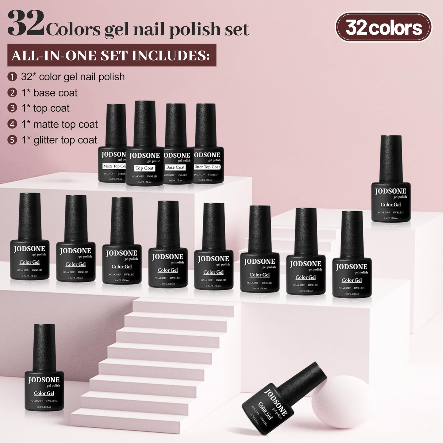 JODSONE 36 Pcs Gel Polish Kit: 32 Colors, Base & Top Coats | Gift Set