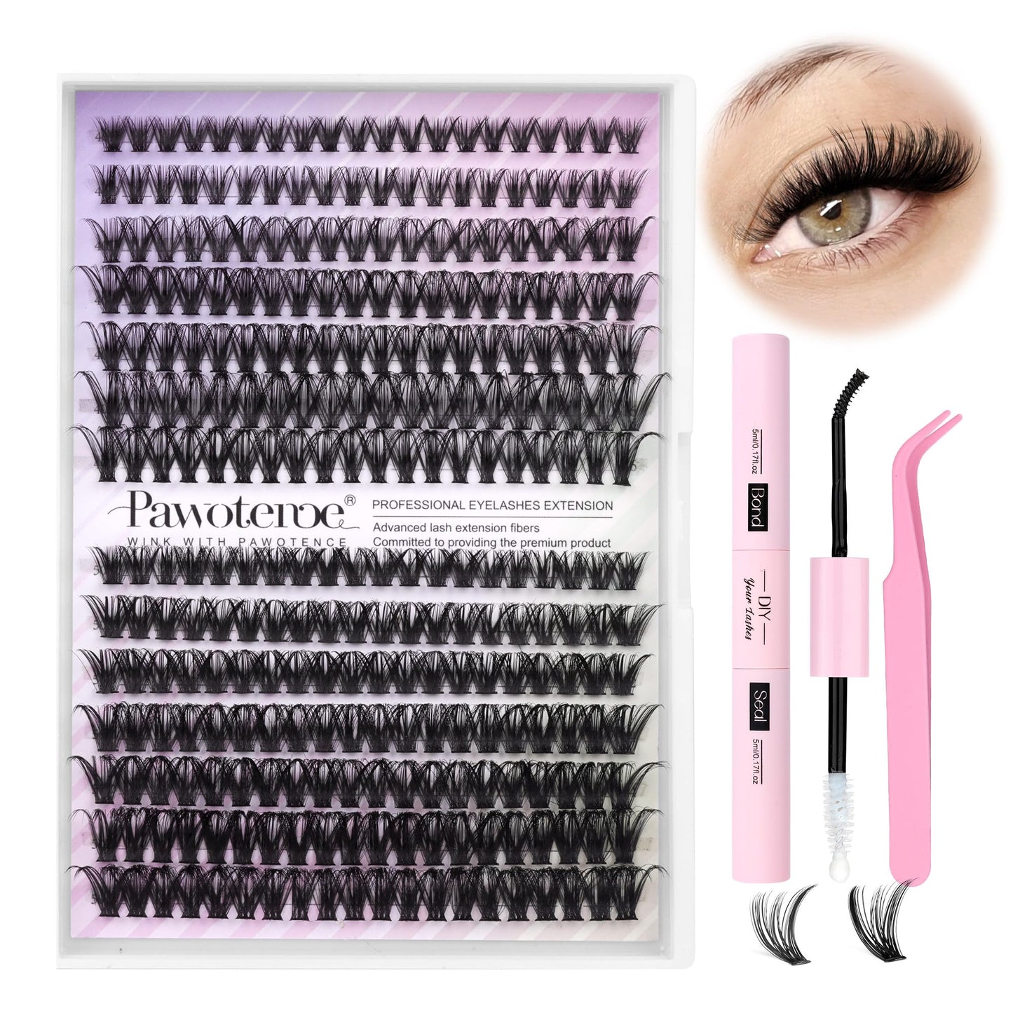Pawotence Lash Extension Kit DIY 280pcs Lash Clusters Eyelash Extension Kit, 9-16mm 30D 40D Individual Lashes Kit with Lash Bond and Seal, Lash Tweezers for Self Use (30D&40D, 0.07D, 9-16mm, Kit)