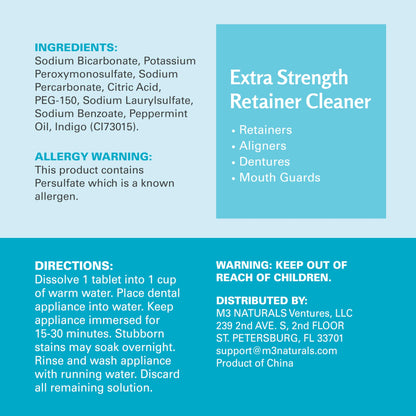 M3 Naturals Extra Strength Retainer & Invisalign Cleaner Tablets - Removes Odor, Stains, Plaque (120 Count)