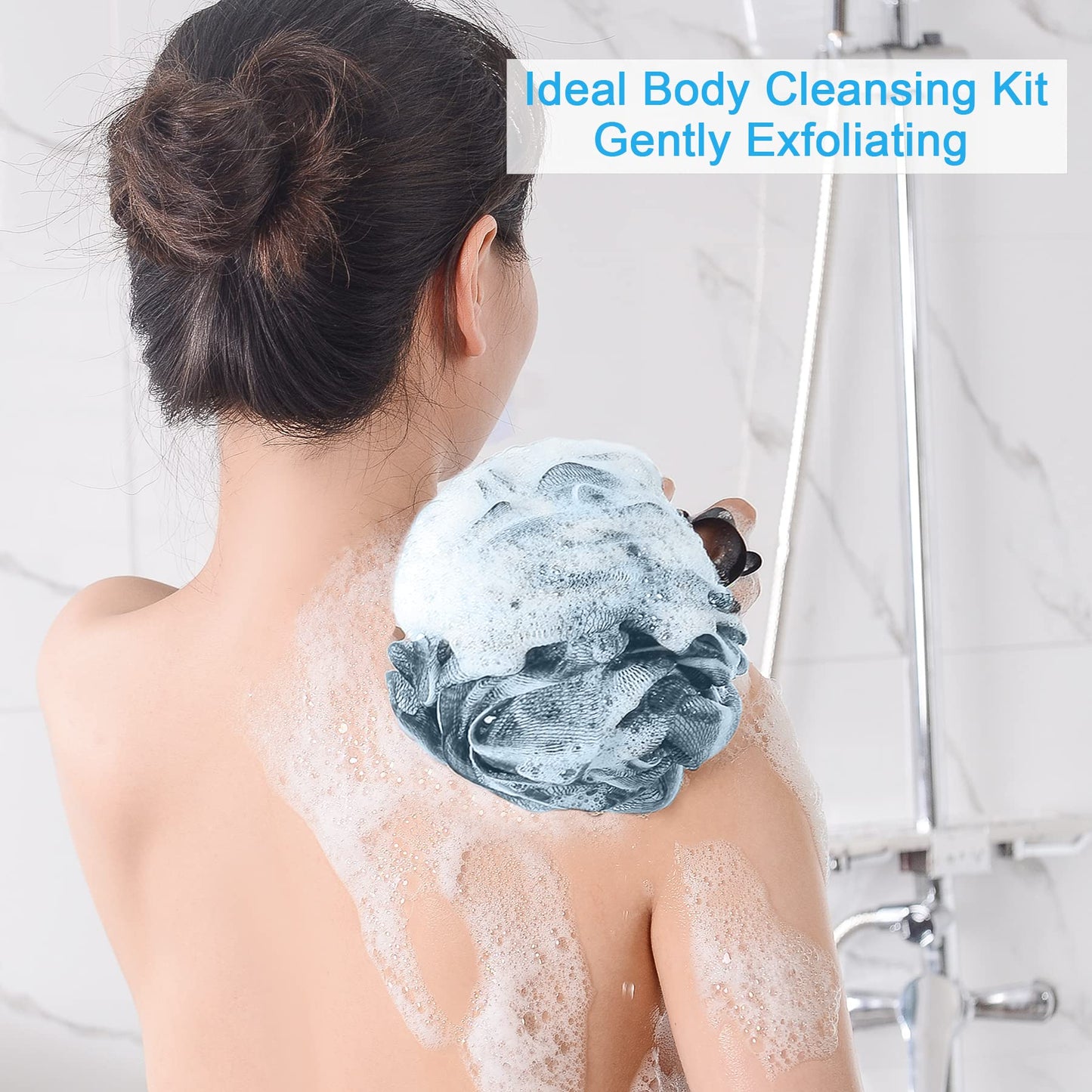 AmazerBath Loofah Sponge 75g/Piece, Exfoliating Bath Sponge Body Scrubber - Loofa Set of 4 Flower Color (Large, Green-Purple)