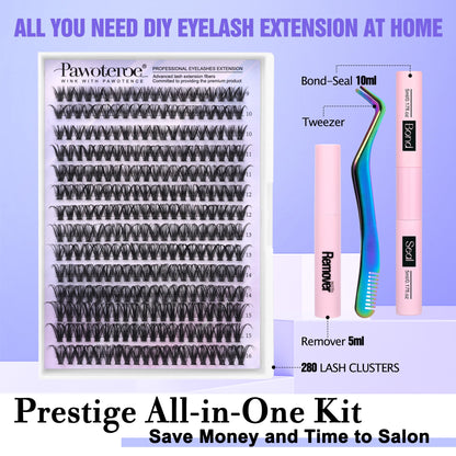 Pawotence Lash Extension Kit DIY 280pcs Lash Clusters Eyelash Extension Kit, 9-16mm 30D 40D Individual Lashes Kit with Lash Bond and Seal, Lash Tweezers for Self Use (30D&40D, 0.07D, 9-16mm, Kit)