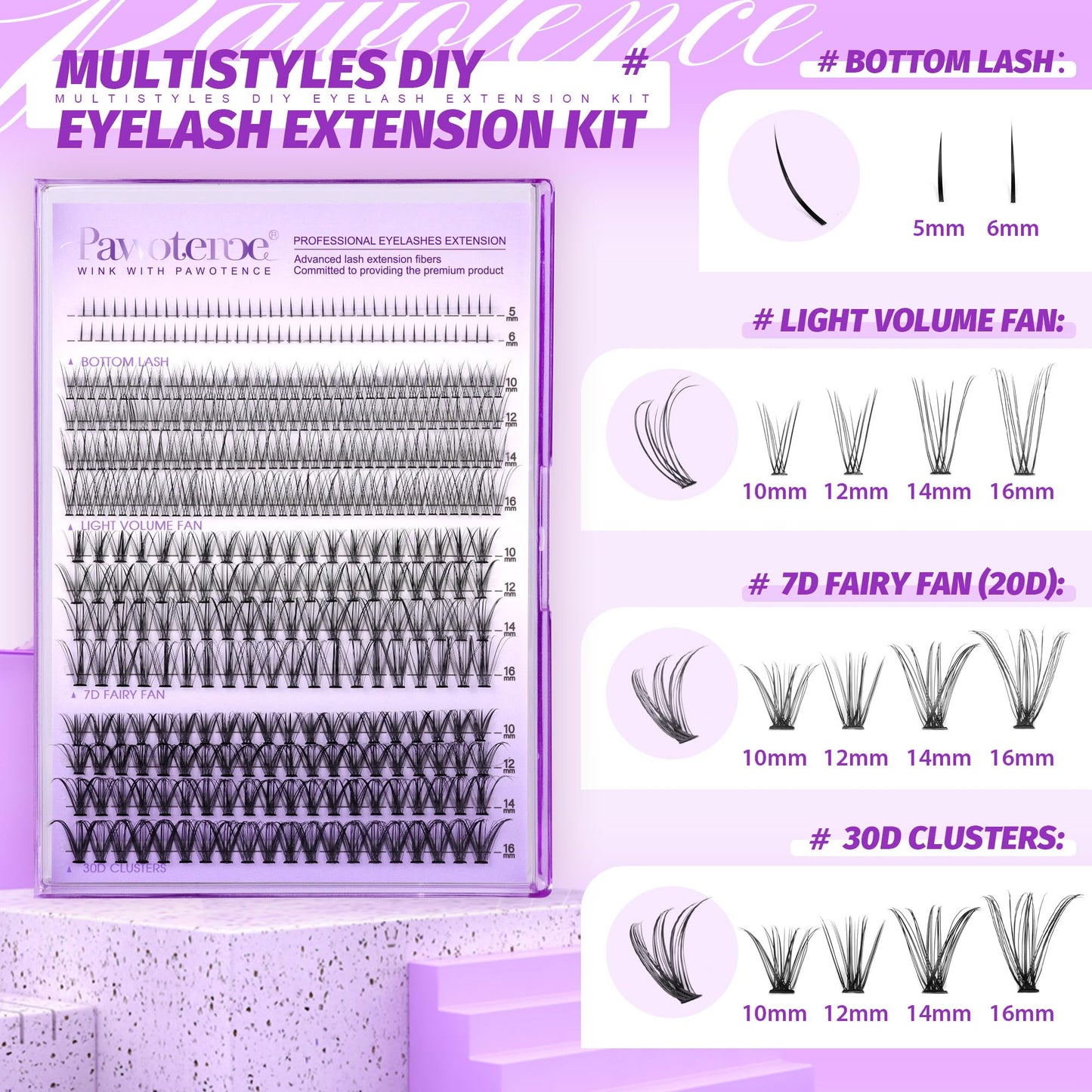Pawotence Lash Extension Kit DIY 280pcs Lash Clusters Eyelash Extension Kit, 9-16mm 30D 40D Individual Lashes Kit with Lash Bond and Seal, Lash Tweezers for Self Use (30D&40D, 0.07D, 9-16mm, Kit)
