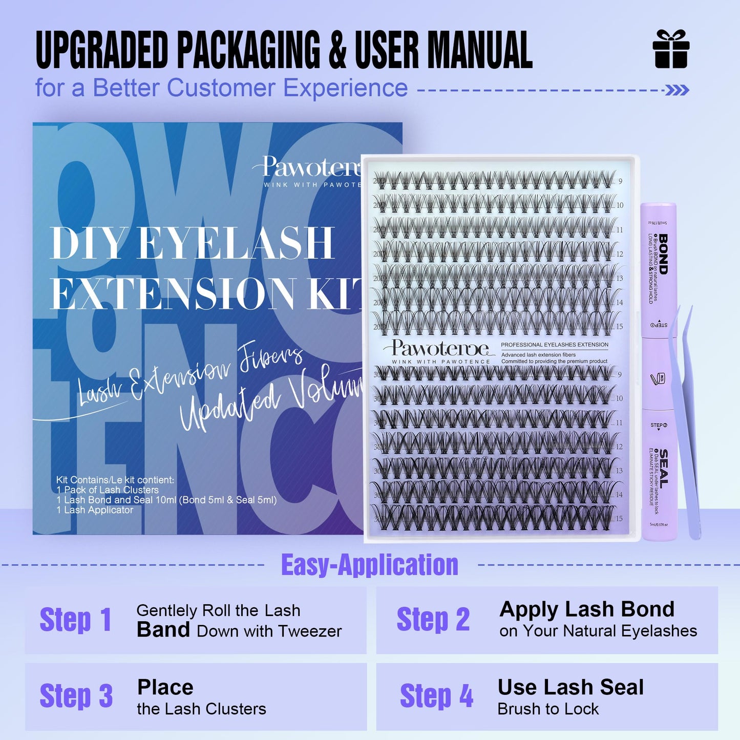 Pawotence Lash Extension Kit DIY 280pcs Lash Clusters Eyelash Extension Kit, 9-16mm 30D 40D Individual Lashes Kit with Lash Bond and Seal, Lash Tweezers for Self Use (30D&40D, 0.07D, 9-16mm, Kit)