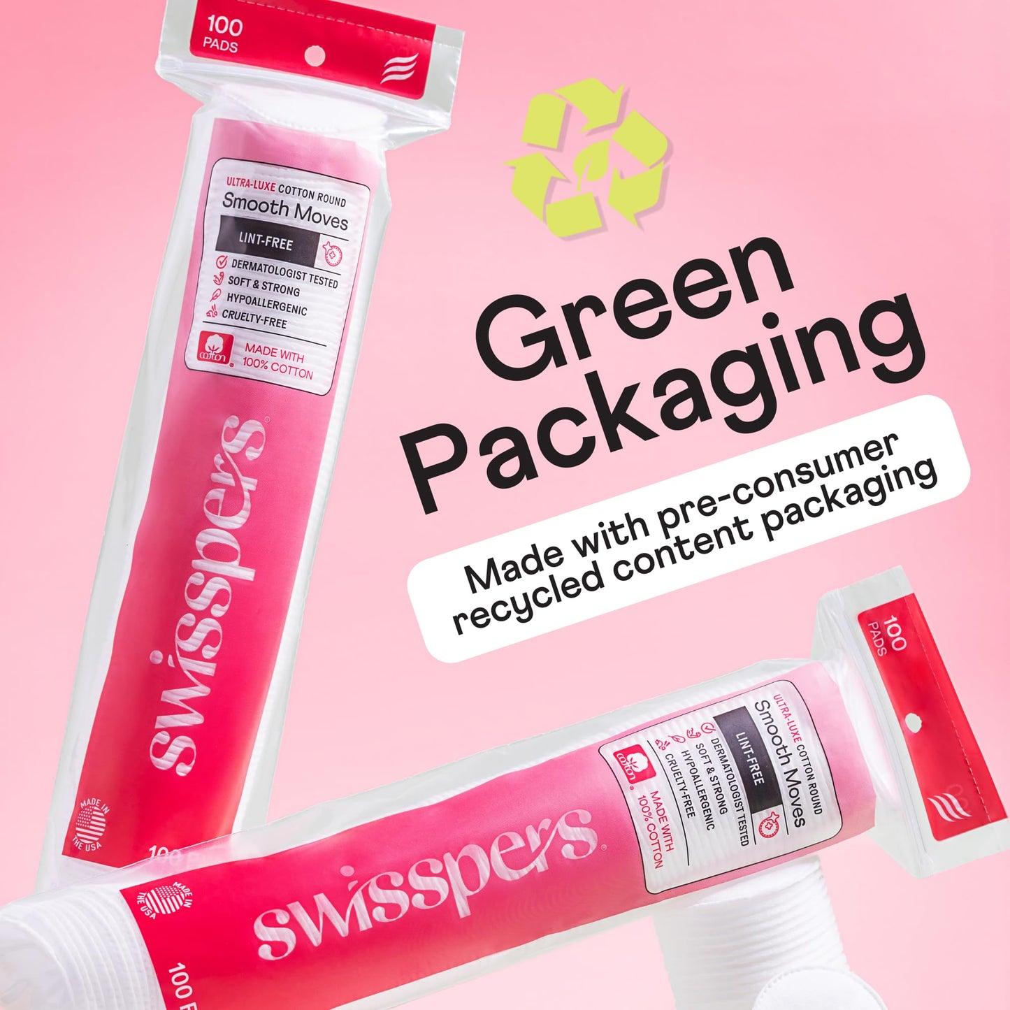 Swisspers Premium Cotton Rounds - 100% Chlorine Free Cotton Face Pads for Makeup, Nail Polish Removal - Dermatologist Tested and Hypoallergenic, Made in USA - 100 Pads (Pack of 3)