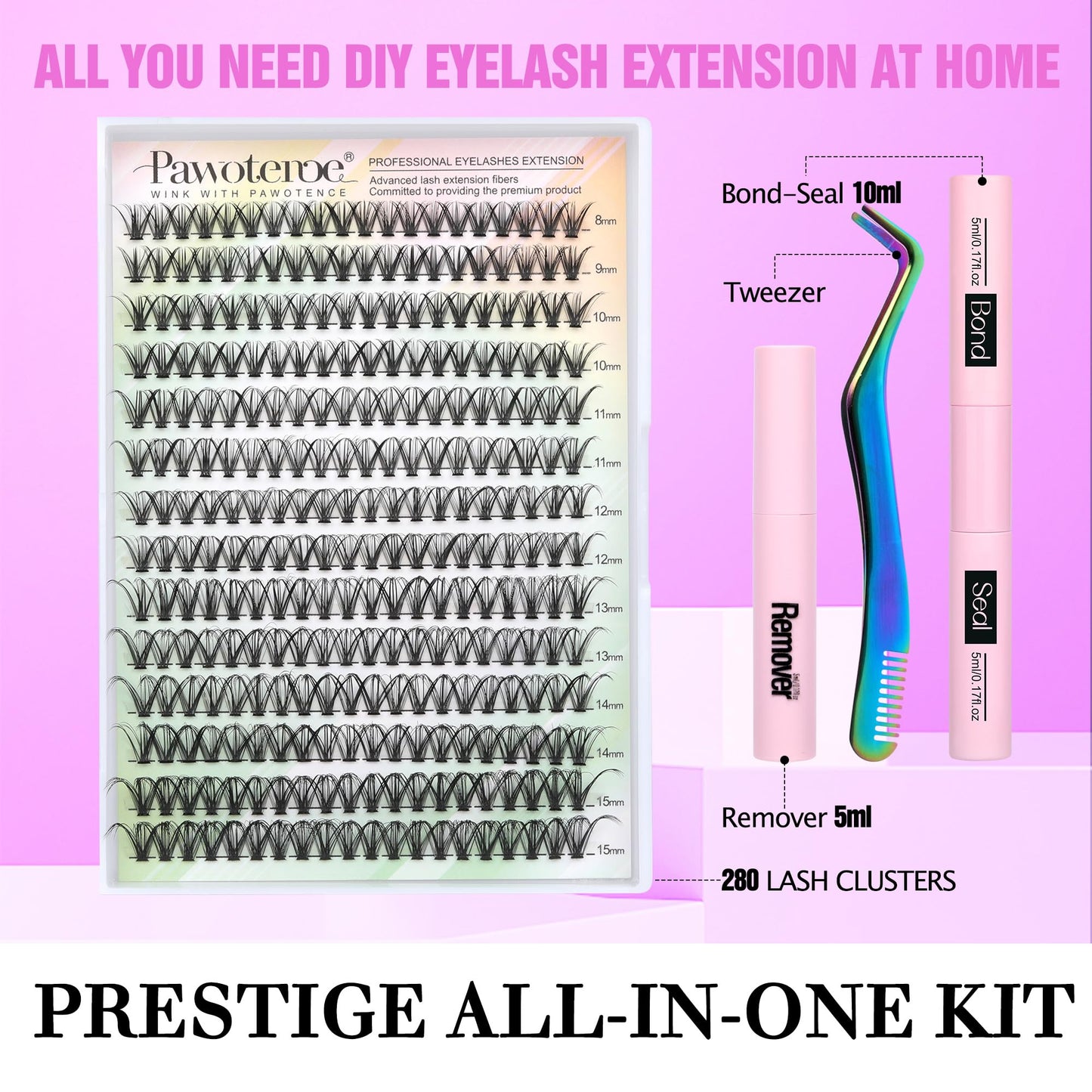 Pawotence Lash Extension Kit DIY 280pcs Lash Clusters Eyelash Extension Kit, 9-16mm 30D 40D Individual Lashes Kit with Lash Bond and Seal, Lash Tweezers for Self Use (30D&40D, 0.07D, 9-16mm, Kit)