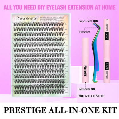 Pawotence Lash Extension Kit DIY 280pcs Lash Clusters Eyelash Extension Kit, 9-16mm 30D 40D Individual Lashes Kit with Lash Bond and Seal, Lash Tweezers for Self Use (30D&40D, 0.07D, 9-16mm, Kit)