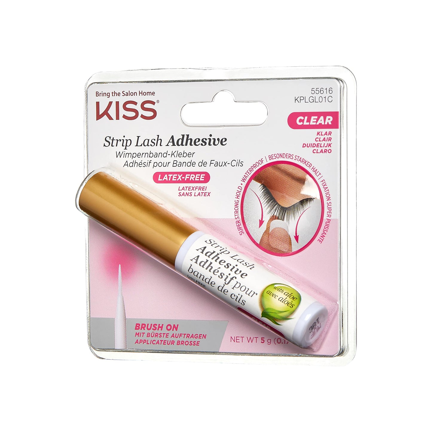 KISS Clear Strip Lash Adhesive With Aloe, Waterproof, Formaldehyde and Latex Free, Odor Free, Cruelty Free, Super Strong Hold Eyelash Glue with Brush Applicator, 0.17 Oz.