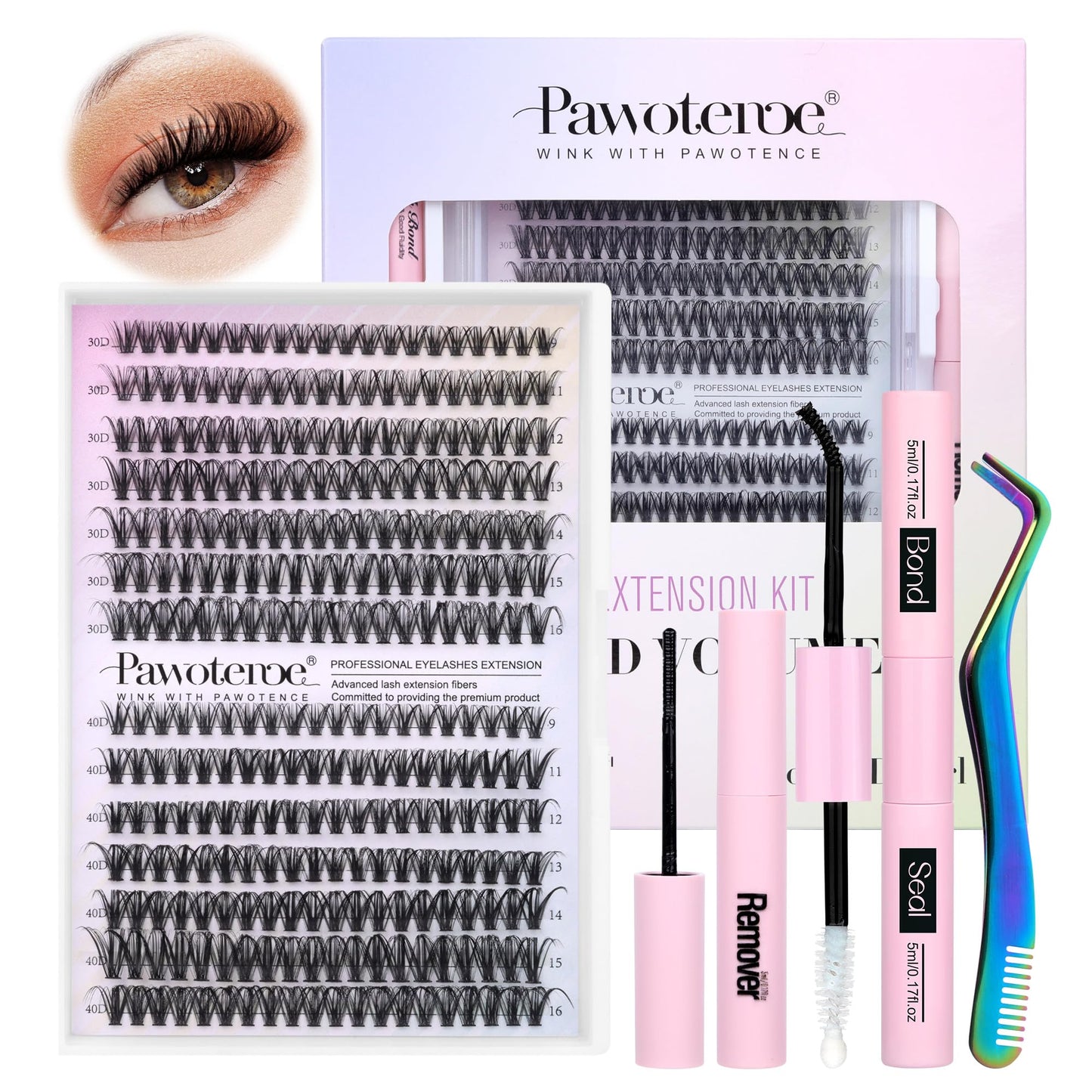 Pawotence Lash Extension Kit DIY 280pcs Lash Clusters Eyelash Extension Kit, 9-16mm 30D 40D Individual Lashes Kit with Lash Bond and Seal, Lash Tweezers for Self Use (30D&40D, 0.07D, 9-16mm, Kit)