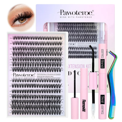 Pawotence Lash Extension Kit DIY 280pcs Lash Clusters Eyelash Extension Kit, 9-16mm 30D 40D Individual Lashes Kit with Lash Bond and Seal, Lash Tweezers for Self Use (30D&40D, 0.07D, 9-16mm, Kit)