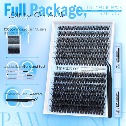 Pawotence Lash Extension Kit DIY 280pcs Lash Clusters Eyelash Extension Kit, 9-16mm 30D 40D Individual Lashes Kit with Lash Bond and Seal, Lash Tweezers for Self Use (30D&40D, 0.07D, 9-16mm, Kit)
