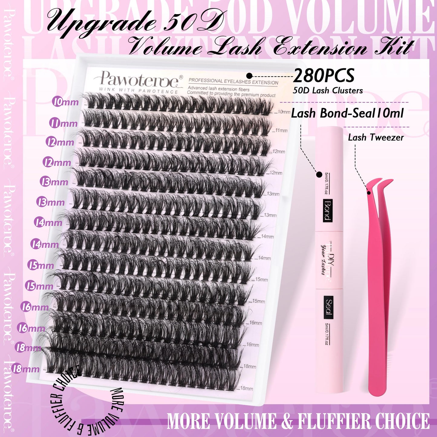 Pawotence Lash Extension Kit DIY 280pcs Lash Clusters Eyelash Extension Kit, 9-16mm 30D 40D Individual Lashes Kit with Lash Bond and Seal, Lash Tweezers for Self Use (30D&40D, 0.07D, 9-16mm, Kit)