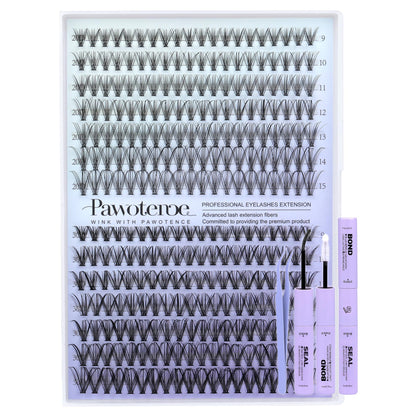 Pawotence Lash Extension Kit DIY 280pcs Lash Clusters Eyelash Extension Kit, 9-16mm 30D 40D Individual Lashes Kit with Lash Bond and Seal, Lash Tweezers for Self Use (30D&40D, 0.07D, 9-16mm, Kit)